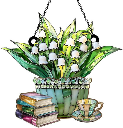 Jesuspirit - Window Hanging Suncatcher – Crystal Clear Acrylic & Wood Sun Catcher for Home Decor, for Women (Just A Girl Who Loves Lilies and Books, 8 Inches)