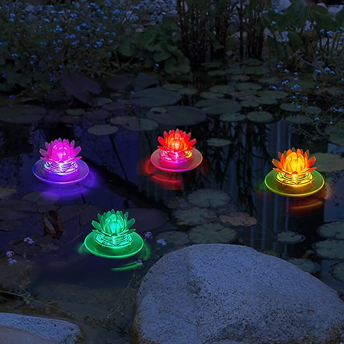 pearlstar Solar Floating Pool Lights Outdoor Pond Decoration Lighting Waterproof Color Changing LED Garden Lotus Lamp for Swimming Pool, Lily Pond, Yard (Lotus-4pack)