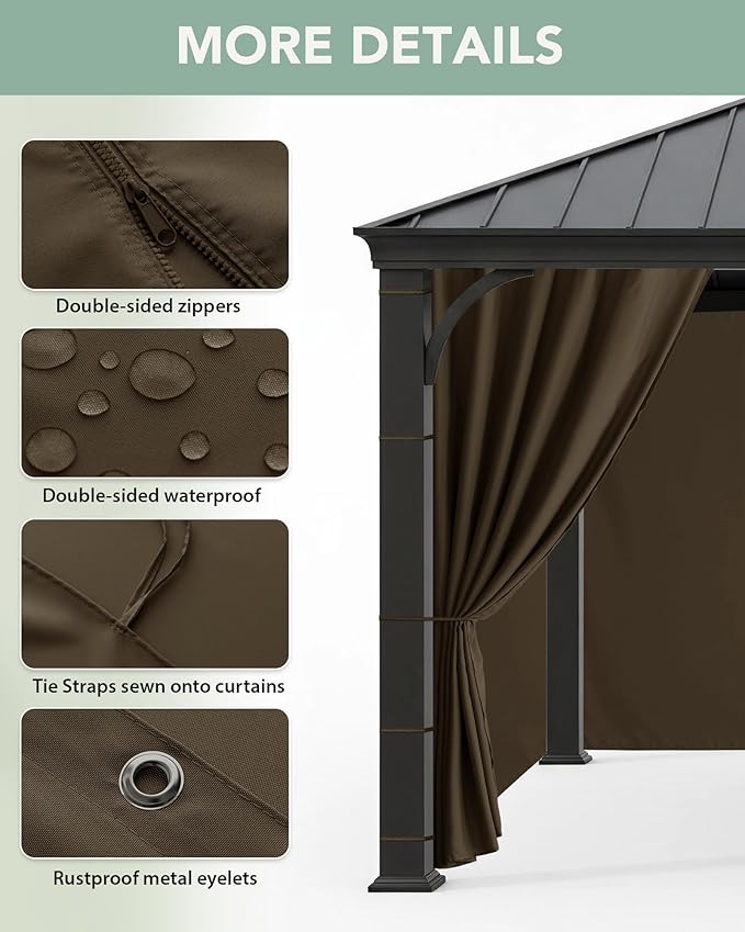 Gazebo Curtains Outdoor Waterproof - 10'Wx12'Lx7.9'H Gazebo Universal Replacement Privacy Curtains, 4 Panels Sidewall Drapes with Zipper for Patio Pergola Garden Backyard, Brown