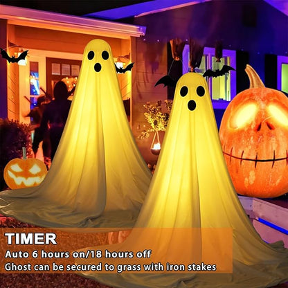 [Timer] 2Packs Halloween Decorations Outdoor, Cute Halloween Decorations Indoor, Spooky Ghost Halloween Decor with Witch Hat, Scary Ghosts Decor with LED Lights for Front Porche Yard Garden Home
