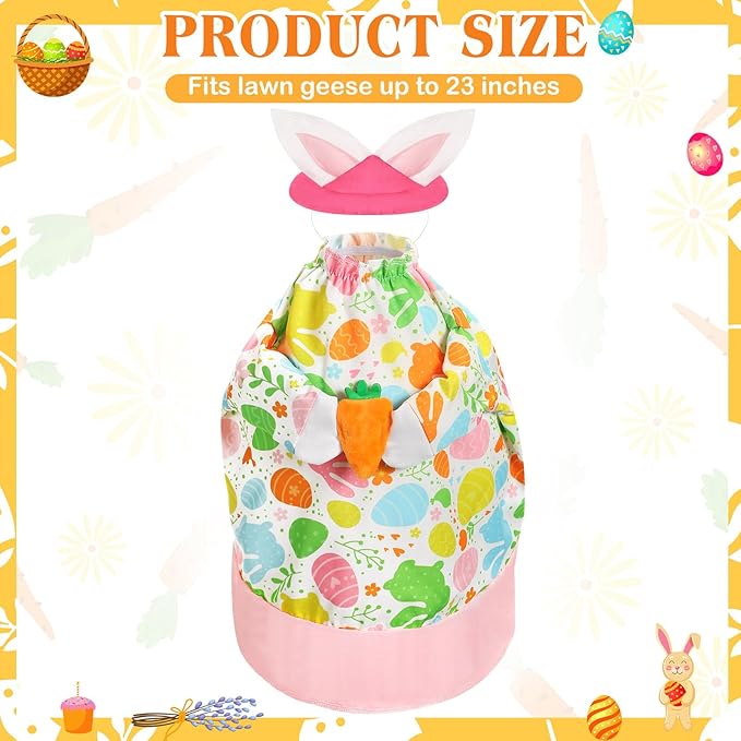FuWeave Easter Bunny Goose Outfit Easter Egg Porch Goose Costume for Cement Plastic Geese Statue Spring Outdoor Garden Yard Patio Decoration(Pink White,23 Inches,Carrot)