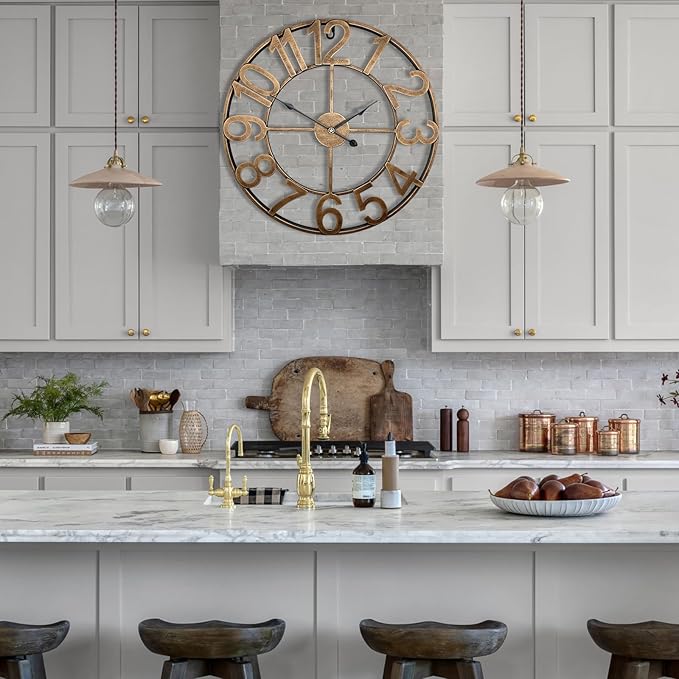 30 Inch Large Outdoor Clock, Vintage Gold Oversized Battery Analog Clock Silent Non-Ticking, Gaint Rustic Industrial Metal Decorative Wall Clock for Living Room, Kitchen, Farmhouse, Patio