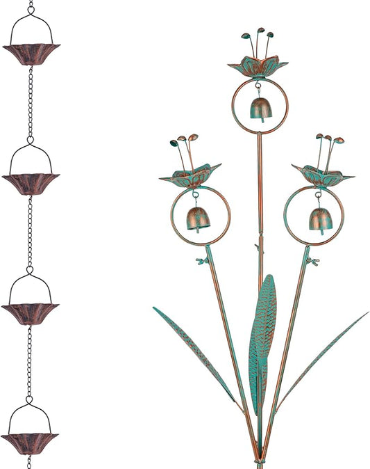10FT Copper Lotus Rain Chain and Calla Lily Garden Stake with Bells for Outdoor Lawn Patio Decor