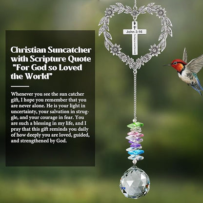 Christian Gifts for Women, Heart Shaped Suncatcher with Cross, John 3:16 Crystal Hanging Ornament, Inspirational Religious Birthday Catholic Spiritual & Baptism Confirmation Gifts for Girls