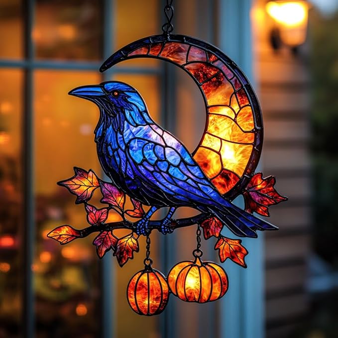 Cresent Moon Pumpkin Raven Acrylic Suncatcher Stained Glass Effect Window Car Hanging Christmas Ornament Indoor Outdoor Decor Garden Sun Catcher Panel for Gothic Lover for Women Mom Grandma