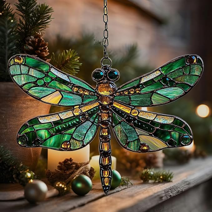 Emerald Faux Mosaic Dragonfly Acrylic Suncatcher Stained Glass Effect Window Car Hanging Christmas Ornament Indoor Outdoor Decor Garden Sun Catcher Panel for Dragonfly Lover for Women Mom Grandma