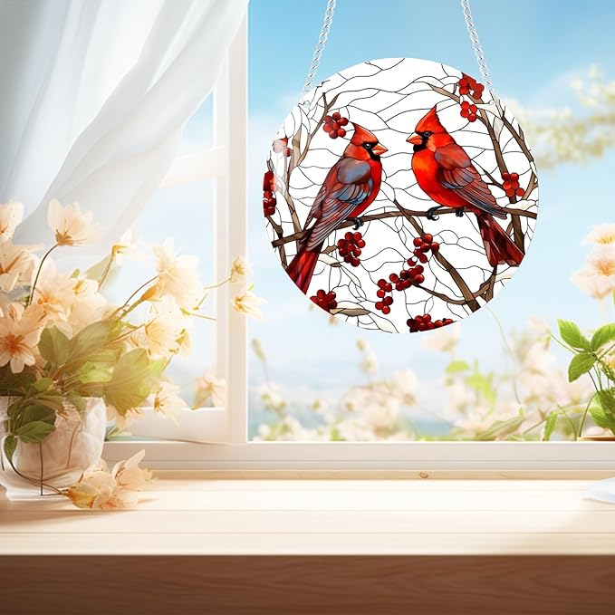 1 pcs 5.9'' Acrylic Window Hanging Cardinal Suncatcher Decor,Red Bird Suncatcher Panel Outdoor Wall Art Stained Panel Hangings Gift for Home Garden Ornament for Birds Lover (Style A)