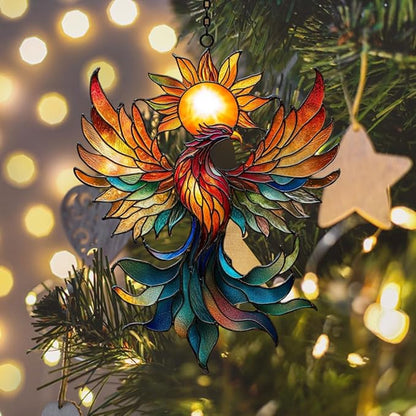 Vivid Phoenix with Sun Mosaic Acrylic Suncatcher Stained Glass Effect Window Car Hanging Christmas Ornament Indoor Outdoor Decor Garden Sun Catcher Panel for Boho Lover for Women Mom Grandma