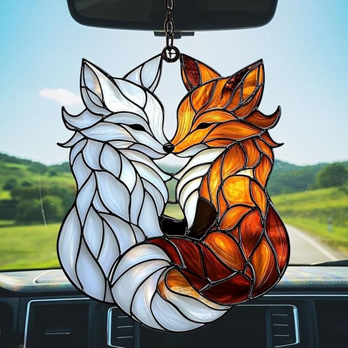 Cute Loving Couple Foxes Acrylic Suncatcher Stained Glass Effect Window Car Hanging Christmas Ornament Indoor Outdoor Decor Garden Sun Catcher Panel for Fox Lover for Women Mom Grandma