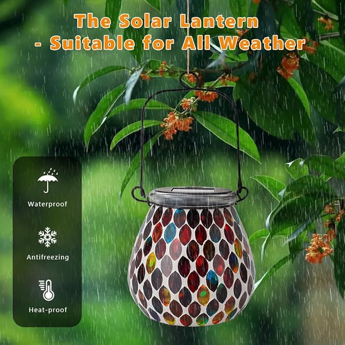 Starsoul 2 Pack Solar Lanterns Outdoor Waterproof, Exquisite Colorful Mosaic Glass Solar Garden Decor, Gifts for Women Mom Grandma