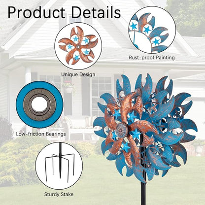 Wind Spinner Outdoor,Blue Copper Kinetic Metal Wind Spinner for Yard,Rustproof＆Waterproof Wind Sculpture,Metal Pinwheels for Yard Lawn Yard Art Outdoor Decor 13 * 66.2 inches