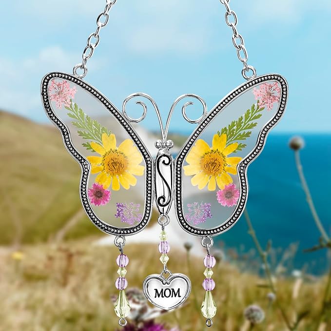Butterfly Suncatcher Wind Chime with Embossed Colorful Flower Wings, for Mom Butterfly Glass Wind Chime with Hook and Metal Heart Hang Tag, Birthday Gift for Mom's Grandmother (Yellow Mom)
