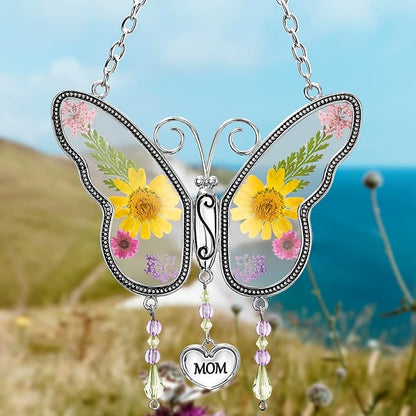 Butterfly Suncatcher Wind Chime with Embossed Colorful Flower Wings, for Mom Butterfly Glass Wind Chime with Hook and Metal Heart Hang Tag, Birthday Gift for Mom's Grandmother (Yellow Mom)