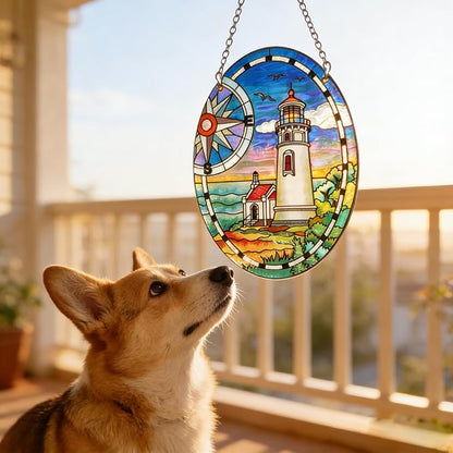 Lighthouse Garden Suncatcher for Window, Elliptic Stained Glass Window Hanging Memorial Gift Stained Glass Birthday Gift for Mom Sun Catchers Window Home Garden Christmas Party Wedding Decor (G)