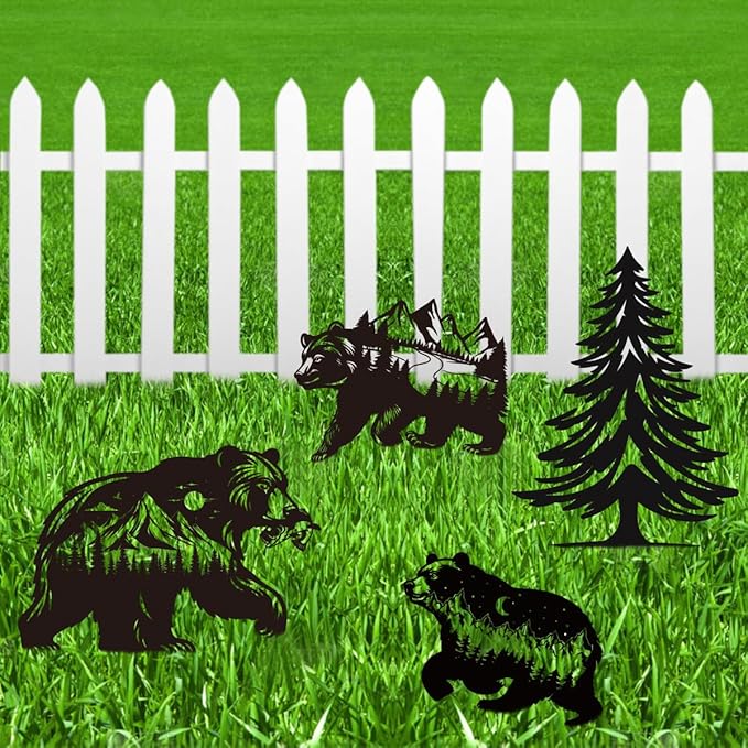 Bear Garden Stake Outdoor Yard Decor – Set of 4 Metal Black Lawn Ornament, Cute Bear Lover Gift for Women Men, Weather-Resistant Bear Silhouette Statues Yard Art for Patio