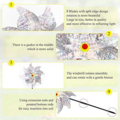 6Pcs Sparkly Pinwheels for Yard and Garden, Reflective Silver Wind Spinners Yard Decorations Outdoor Windmill, 9.5in Garden Pinwheels to Scare Birds, Silver