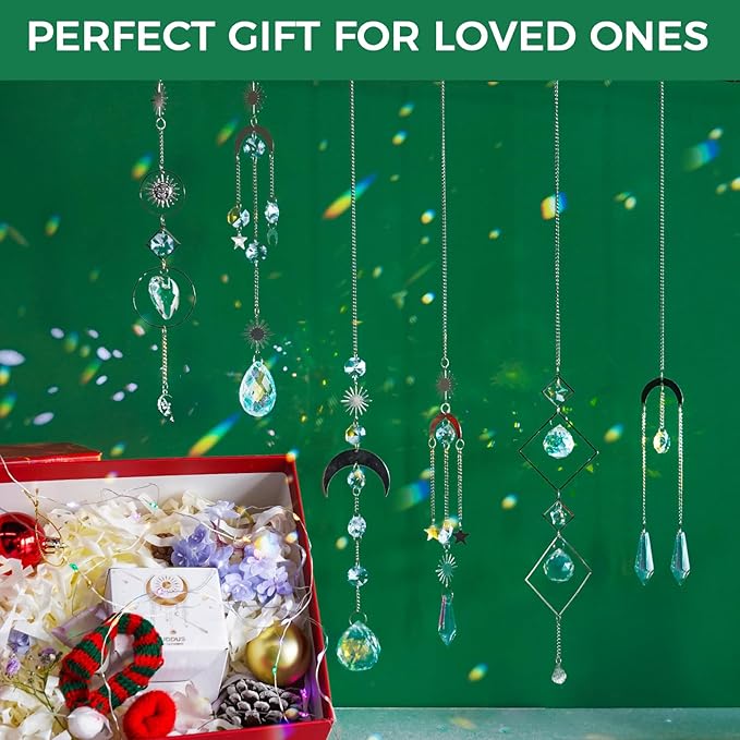 suddus 6pcs Silver Suncatchers Crystal Prism, Christmas Rainbow Maker Pendants, Sun Catcher Hanging for Window, Home, Garden, Cat, Thanksgiving Day, Party, Wedding Decoration