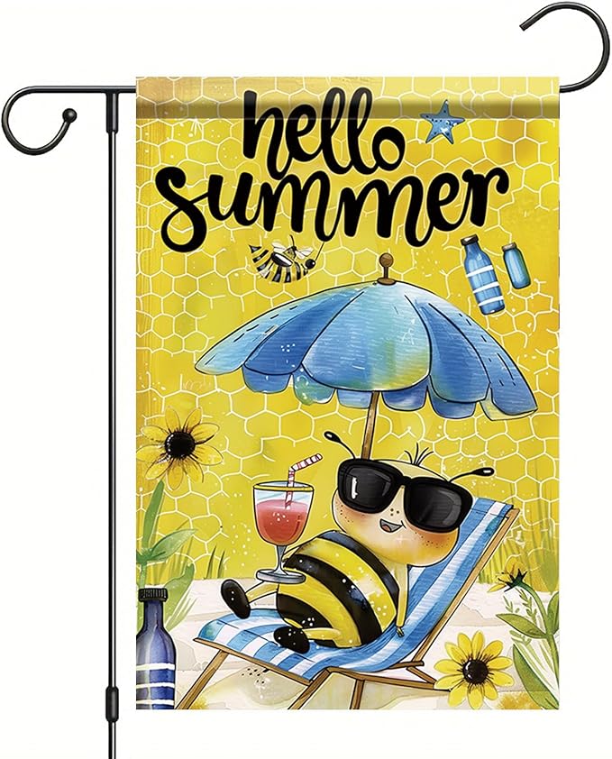 Summer Garden Flag 12x18 Inch Hello Summer Bee Honeycomb Beach Chair Sunglasses Cute Cartoon Design Outdoor Yard Porch Lawn Patio for Seasonal Farmhouse Home Decor