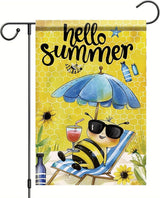 Summer Garden Flag 12x18 Inch Hello Summer Bee Honeycomb Beach Chair Sunglasses Cute Cartoon Design Outdoor Yard Porch Lawn Patio for Seasonal Farmhouse Home Decor