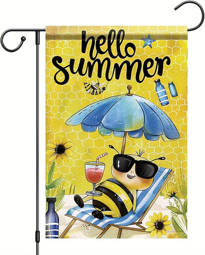 Summer Garden Flag 12x18 Inch Hello Summer Bee Honeycomb Beach Chair Sunglasses Cute Cartoon Design Outdoor Yard Porch Lawn Patio for Seasonal Farmhouse Home Decor