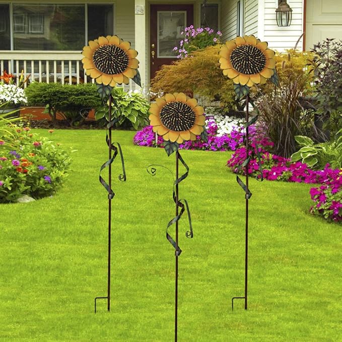 Metal Sunflower Garden Stakes Flower Yard Art Planter Stake Party Lawn Pathway Walkway Patio Decor Yard Sign Indoor Outdoor Decoration (22.5"+39"+48")