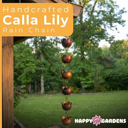 Happy Gardens Handcrafted Lily Cup Rain Chain (Flamed Finish) Outdoor Metal Hanging Rainwater Catcher for Outside Yard Gutter Downspout Substitute for Drainage