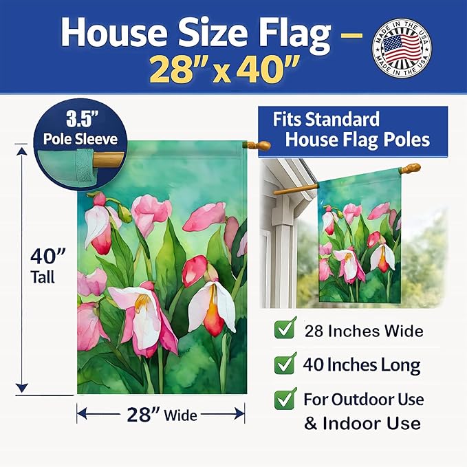 Caroline's Treasures Minnesota Pink and White Lady�s Slippers in Watercolor House Flag Large Porch Sleeve Pole Decorative Outside Yard Banner Artwork Wall Hanging, Polyester, House Size, Multicolor