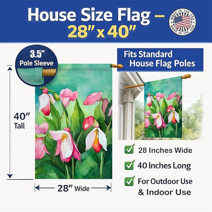 Caroline's Treasures Minnesota Pink and White Lady�s Slippers in Watercolor House Flag Large Porch Sleeve Pole Decorative Outside Yard Banner Artwork Wall Hanging, Polyester, House Size, Multicolor