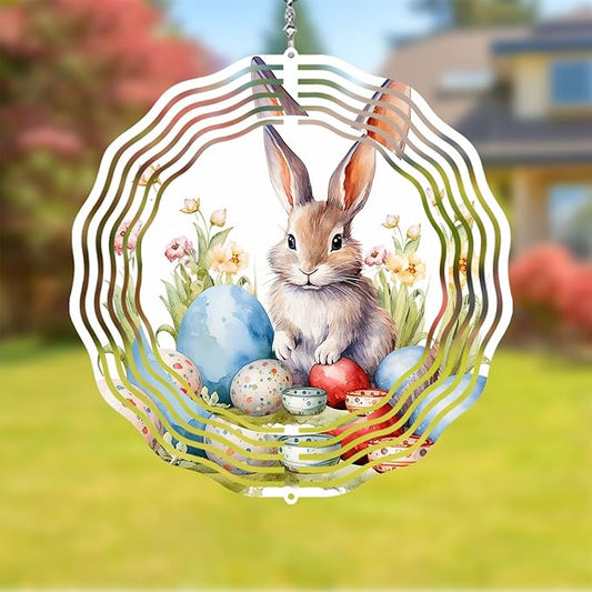 Easter Bunny Wind Spinner 8 Inch Aluminum Kinetic Hanging Wind Sculpture Spinners for Yard and Garden Indoor Outdoor Window Easter Rabbit Yard Art Garden Decoration