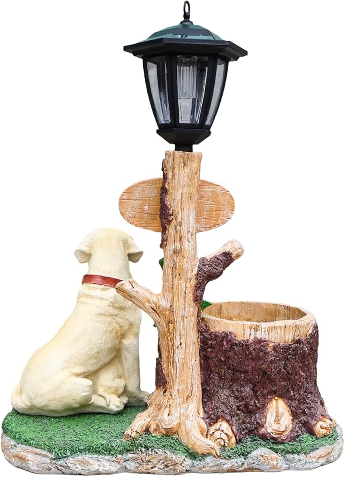 Solar Light Animal Outdoor Statue Planter with Welcome Sign, Resin Garden Sculpture Flower Pot for Patio Lawn Porch Yard Courtyard Decor, Weather-Resistant Decorative Figurine Accent (L)