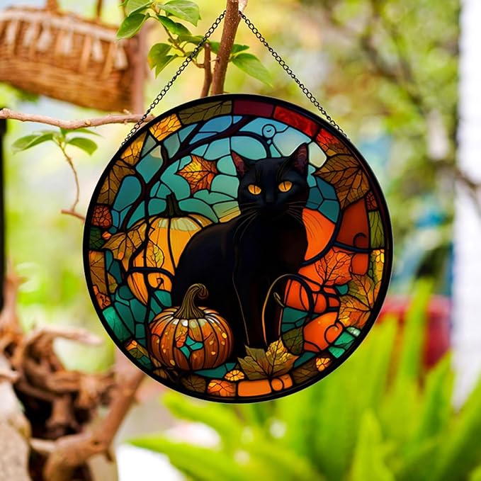 Black Cat Pattern Suncatcher Stained Glass,Hanging Stained Glass for Windows for Cat Lovers,20cm/7.87inch Hand-Painted Sun Catcher Garden Hangings Halloween Fall Christmas Decor for Home