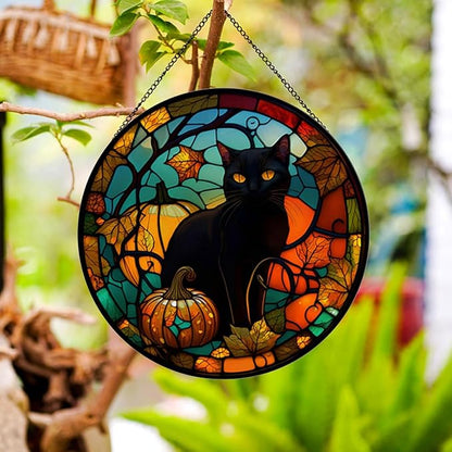 Black Cat Pattern Suncatcher Stained Glass,Hanging Stained Glass for Windows for Cat Lovers,20cm/7.87inch Hand-Painted Sun Catcher Garden Hangings Halloween Fall Christmas Decor for Home