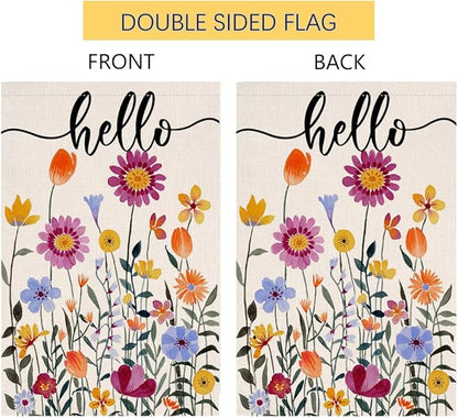 Hello Spring Floral House Flag 28 x 40 Vertical Double Sided Colorful Flowers Summer Farmhouse Holiday Outside Decorations Burlap Yard Flag BW257-40