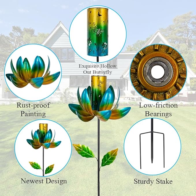 Stargarden Outdoor Solar Wind Spinners, Solar Wind Sculptures & Spinners, Flower Windmill with Solar Lantern for Yard and Garden (Green)