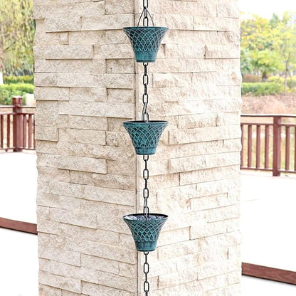 Rain Chains for Gutters Outside Downspouts Rain Catcher Diverter Metal Blue Plaid Outdoor Decorative, 8.5 FT