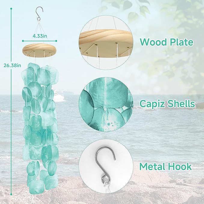 Wind Chimes for Outside 26", Clear Tones Lake Blue Sea Shell Wind Chimes Outdoor, Handcrafted Capiz Sea Glass Shells Windchimes Memorial Wind Chime for Patio, Garden, Porch Decor, Beach Gifts
