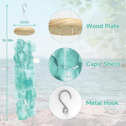 Wind Chimes for Outside 26", Clear Tones Lake Blue Sea Shell Wind Chimes Outdoor, Handcrafted Capiz Sea Glass Shells Windchimes Memorial Wind Chime for Patio, Garden, Porch Decor, Beach Gifts