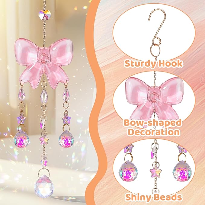 Crystal Suncatchers for Window Pink Bow Ornaments Hanging Clear Wind Chime with Chains for Garden Wedding Girls Mom Room Decor Xmas DIY Gift