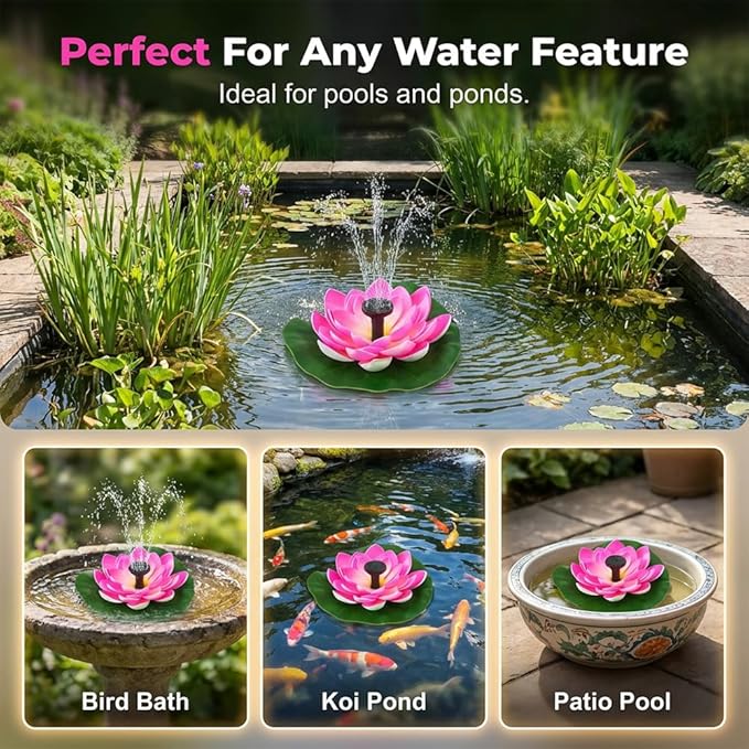 Bird Bath Fountains Solar Power for Outside, Small Solar Fountain for Bird Bath, Floating Lotus Solar Garden Fountain Pump Kit for Outdoors, Garden, Patio, Pond, Yard Decor (Pink, 4.3IN 1.2W)