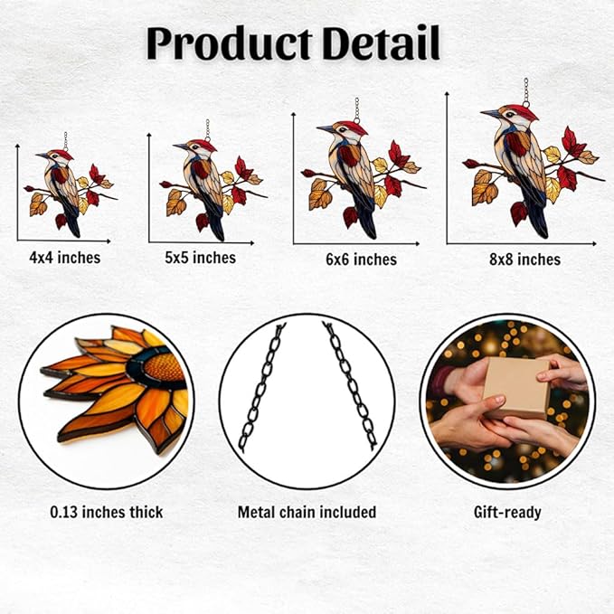 Red Woodpecker Acrylic Suncatcher Stained Glass Effect Window Car Hanging Christmas Ornament Indoor Outdoor Decor Garden Sun Catcher Panel for Acrylic Suncatcher Lover for Women Mom Grandma
