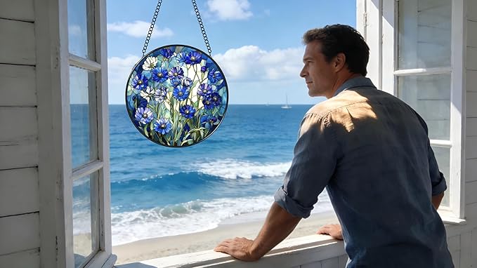 Stained Glass Window Hanging - Blue Floral Pattern 6.3 Inches Suncatcher for Garden Home Decor for Women Mon Grandma Friends