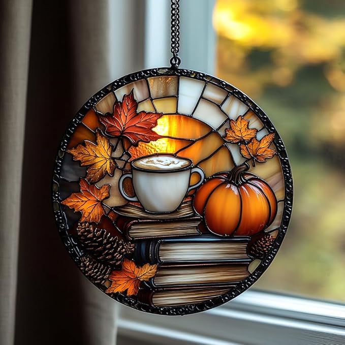 Pumpkin Spices Books Acrylic Suncatcher Stained Glass Effect Window Car Hanging Christmas Ornament Indoor Outdoor Decor Garden Sun Catcher Panel for Book Lover for Women Mom Grandma