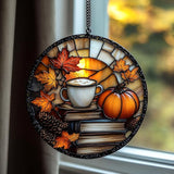 Pumpkin Spices Books Acrylic Suncatcher Stained Glass Effect Window Car Hanging Christmas Ornament Indoor Outdoor Decor Garden Sun Catcher Panel for Book Lover for Women Mom Grandma