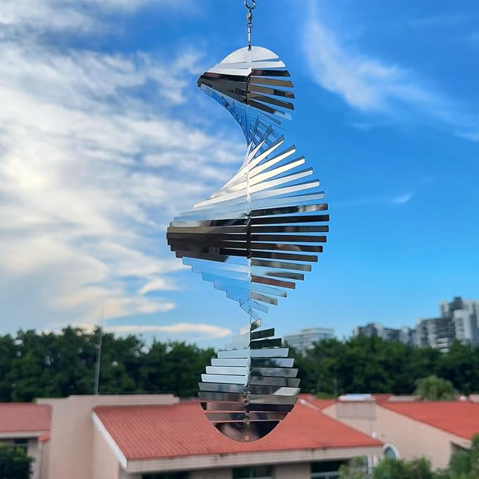 Hanging Wind Spinners,3D Spiral Highly Reflective Stainless Steel Metal Wind Spinner Outdoor Garden Decor,Bird Devices Deterrent to Scare Away Yard Birds 13.8in