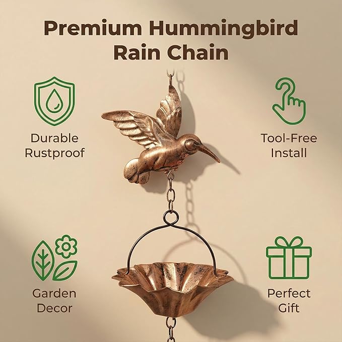 Rain Chain, 8.5 FT Copper Rain Chain for Gutters, Decorative Hummingbird & Lotus Cup Rain Catcher Chain with Weighted Bird, Downspout Alternative for Garden, Patio & Outdoor Drainage