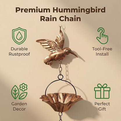Rain Chain, 8.5 FT Copper Rain Chain for Gutters, Decorative Hummingbird & Lotus Cup Rain Catcher Chain with Weighted Bird, Downspout Alternative for Garden, Patio & Outdoor Drainage