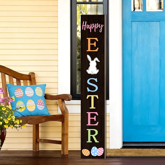 Easter Porch Sign Bunny Rabbit Welcome Sign Vertical Standing Sign For Front Porch Decor Farmhouse Wall Hanging for Patio Yard Party Indoor Outdoor Holiday Decoration 47.2"H Black
