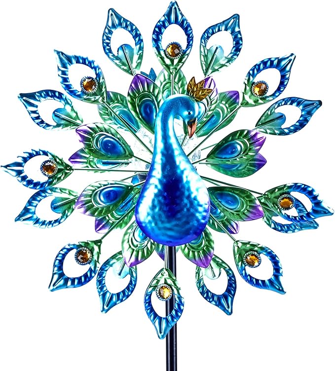 Wind Spinner Outdoor Metal Solar Powered Sculpture Lawn Backyar 15 inch 64 inch Height Kinetic Peafowl Wind Catcher Glass Ball for Garden Lawn Yard Patio Decoration Weather Vane for Garden