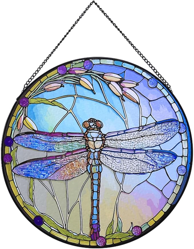 Stained Glass Window Hanging,20cm/7.87inch Dragonfly Hand-Painted Sun Catcher Garden Hangings Christmas Mother's Day, Valentine's Day Ornaments Festival Gift (C Style)