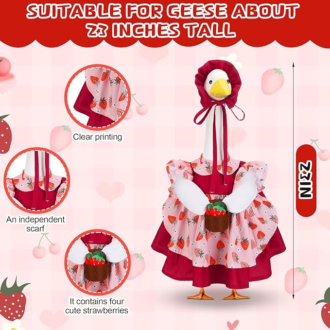 Abbylike Spring Porch Goose Outfit Strawberry Porch Goose Skirt Costume Clothes Fits Large 23'' Cement Statue for Summer Garden Outdoor Yard Lawn Patio Decorations